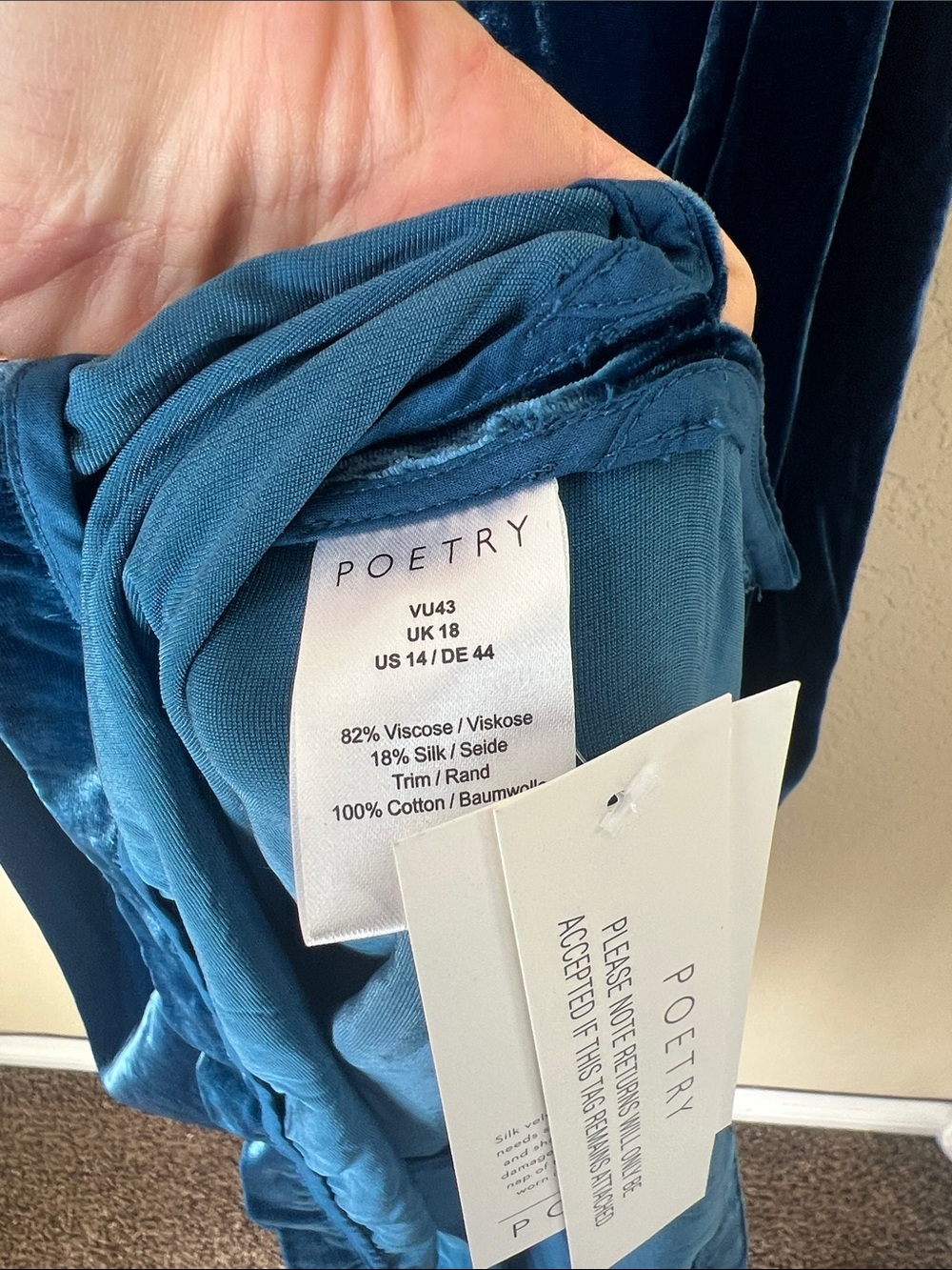 NWT poetry blue silk velvet v neck 3/4 sleeve dress - Picture 6 of 8